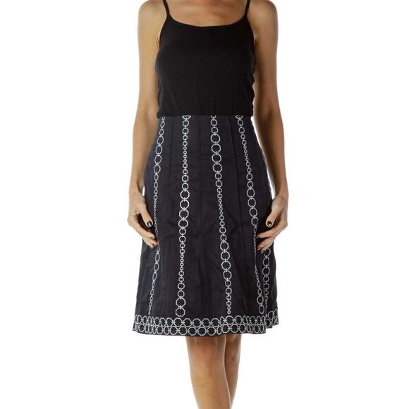Ann Taylor Dresses & Skirts - Ann Taylor Navy Silver Embroidered A-Line Skirt